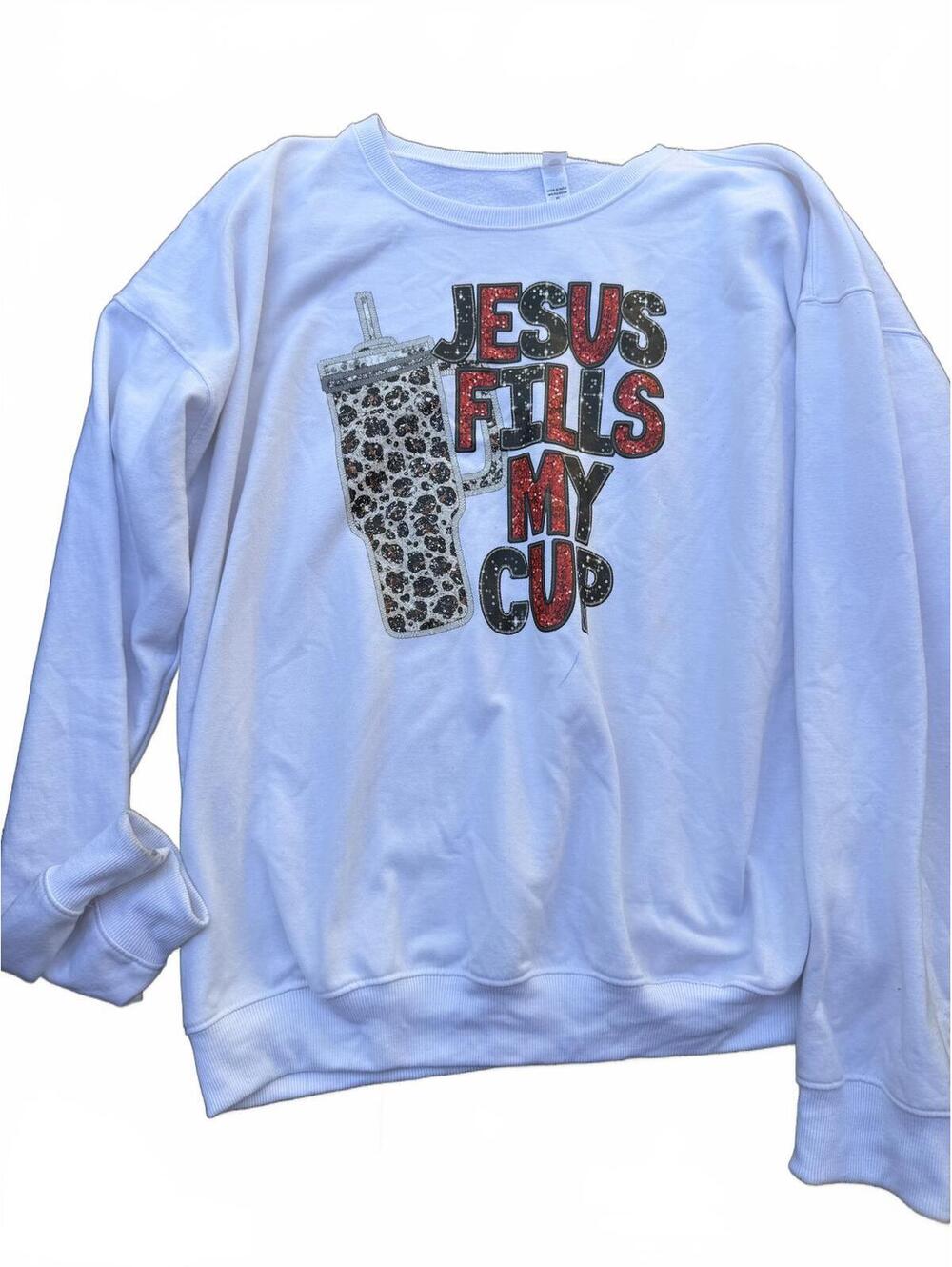 XL White Sweatshirt with 'Jesus Fills My Cup' Leopard Print Design
